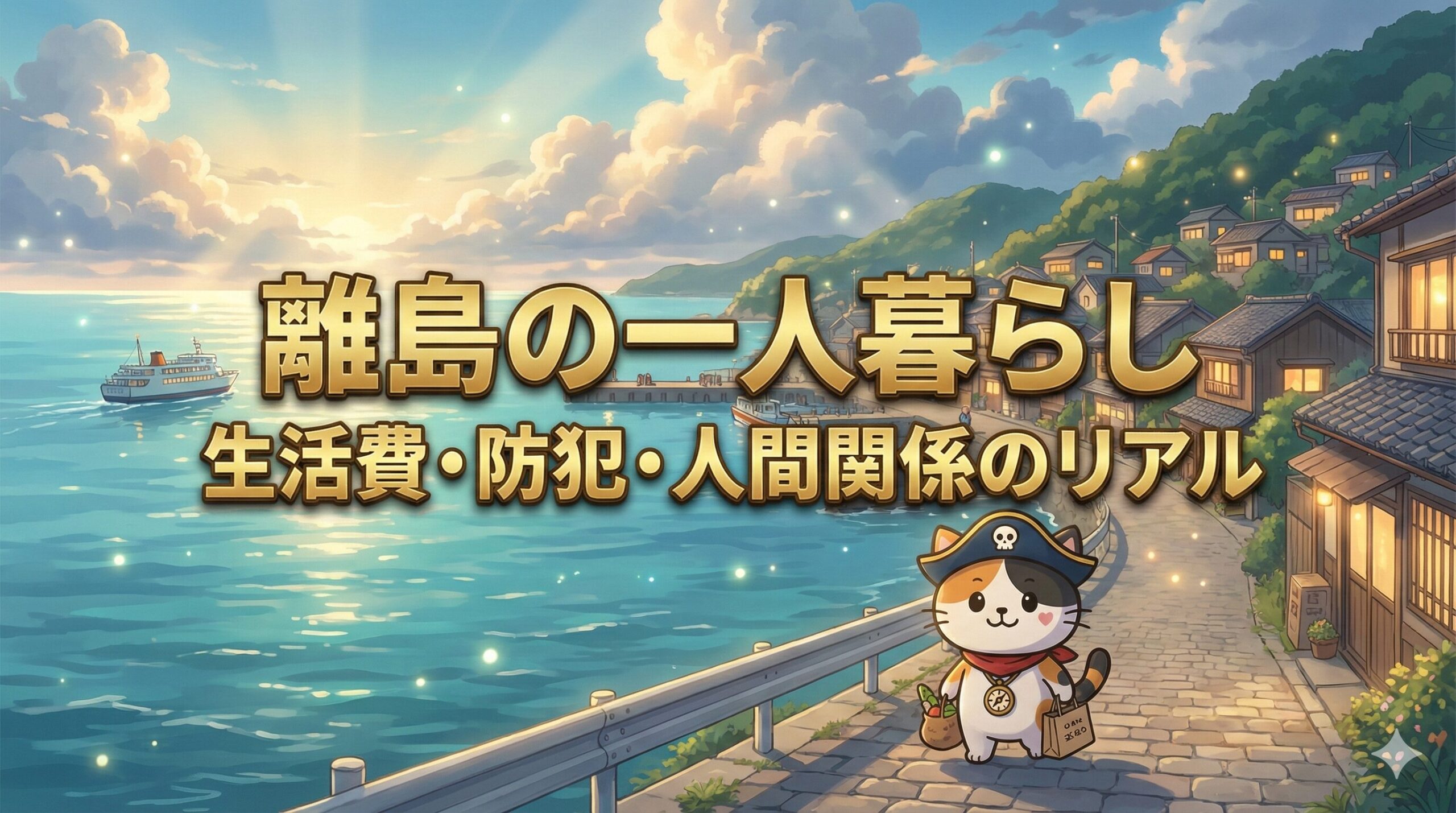 離島の港町の夕景の中で、買い出し袋を持って歩くココロ船長が小さく描かれ、中央に「離島の一人暮らし／生活費・防犯・人間関係のリアル」の文字が入ったサムネイル画像