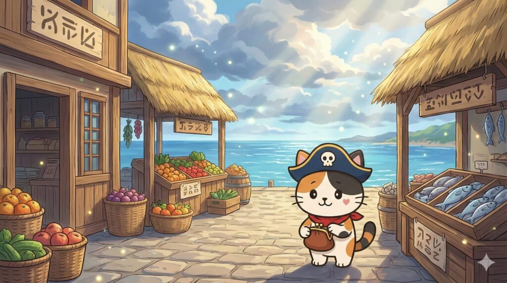 海の見える離島の小さな商店街で、財布を確認しているココロ船長が小さく描かれた生活費の見出し画像
