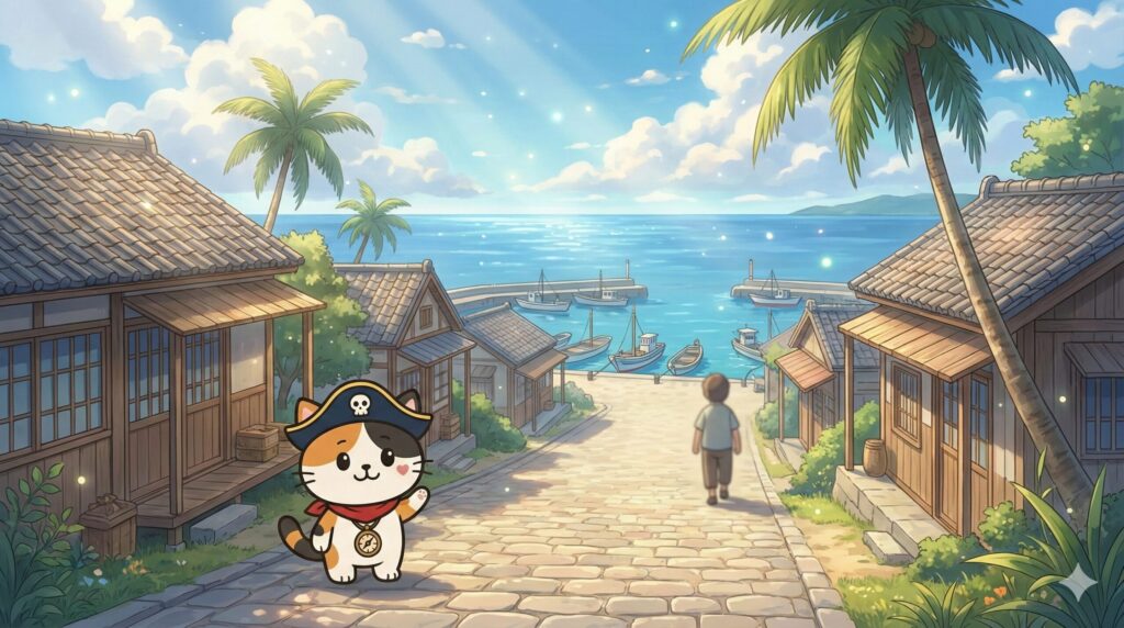 港の見える離島の集落道で、小さく手を振るココロ船長が描かれた、寂しさの印象を和らげる見出し画像
