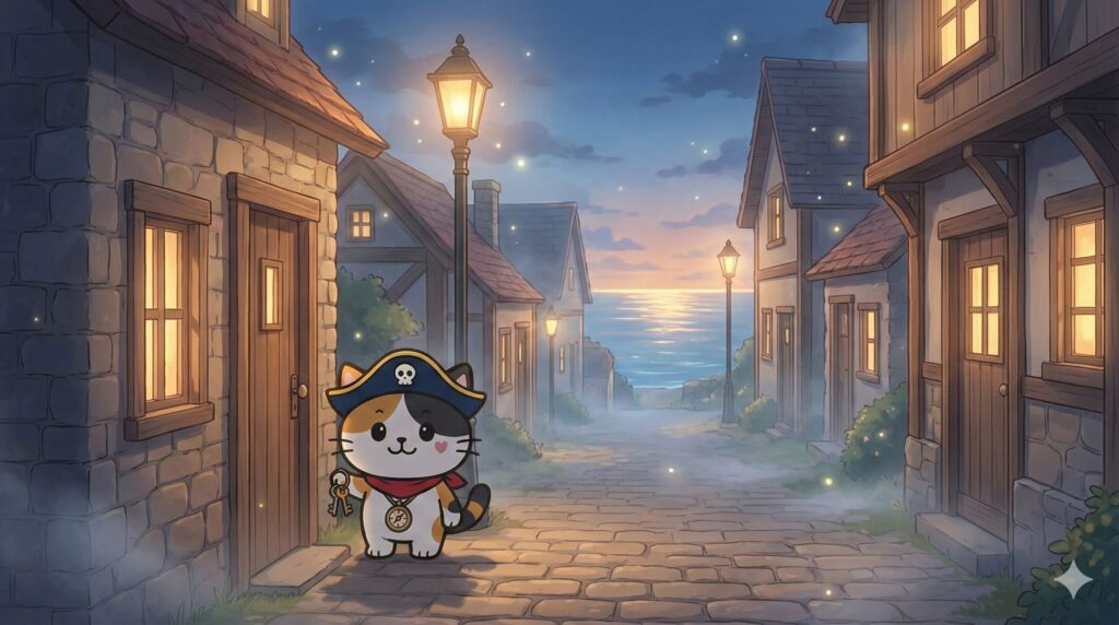 夕暮れの離島の住宅街で鍵を手に落ち着いて確認しているココロ船長が小さく描かれた防犯の見出し画像
