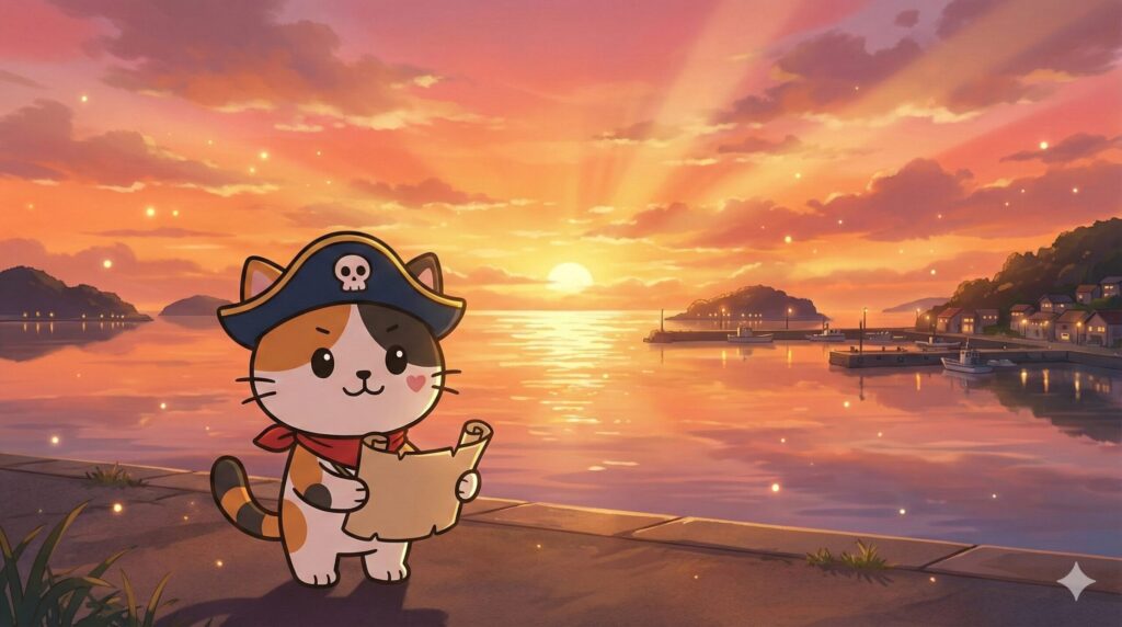 夕焼けの離島の海を背景に、地図を手に前を向くココロ船長が小さく描かれたまとめの見出し画像
