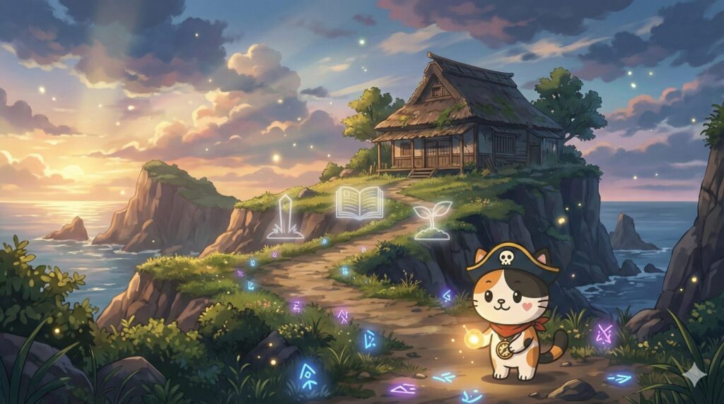 離島の古民家へ続く道で、権利の地雷サインを見つけて警戒するココロ船長
