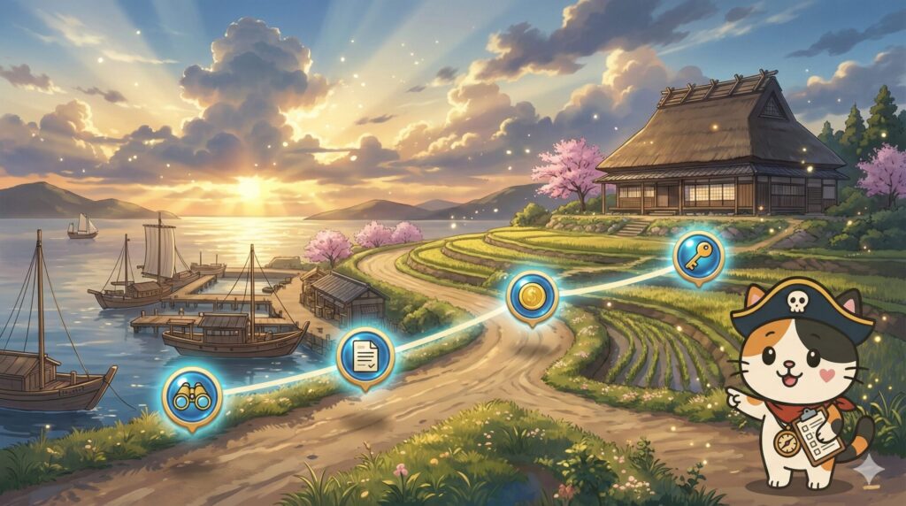 離島の港から古民家へ続く景色の中で、時系列のチェック手順を示すココロ船長
