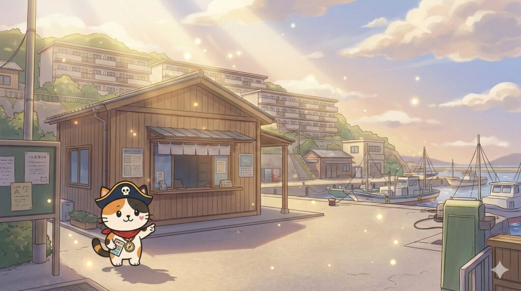 役場の窓口前で資料を見ながら説明しているココロ船長
