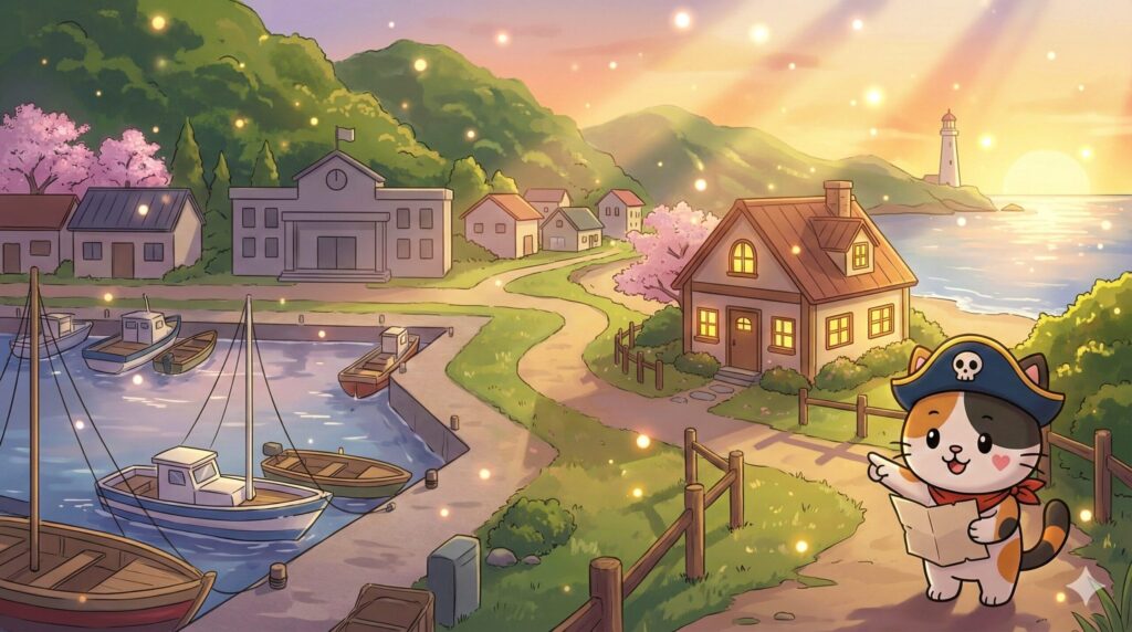 港町の道筋を見ながら、体験住宅で暮らす流れを確認しているココロ船長
