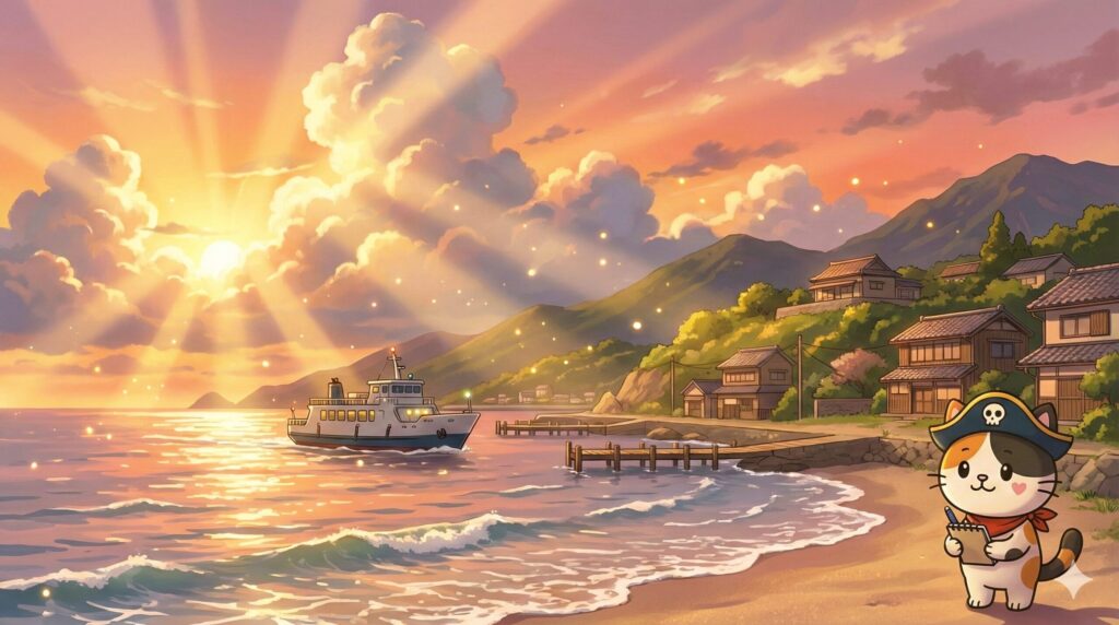 朝焼けの離島の港を見渡しながら、移住の計画を考えているココロ船長
