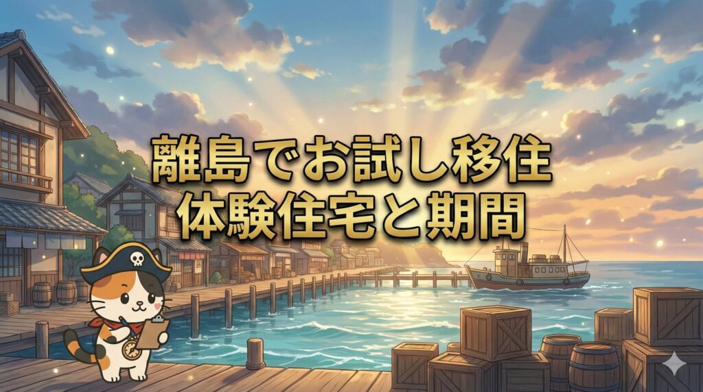 離島の港町の風景の中で、体験住宅でのお試し移住を確認しているココロ船長のサムネイル画像