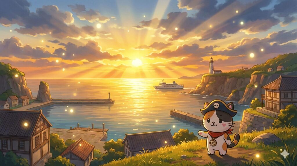 夕暮れの離島の海を背景に、まずは仮暮らしからと背中を押しているココロ船長
