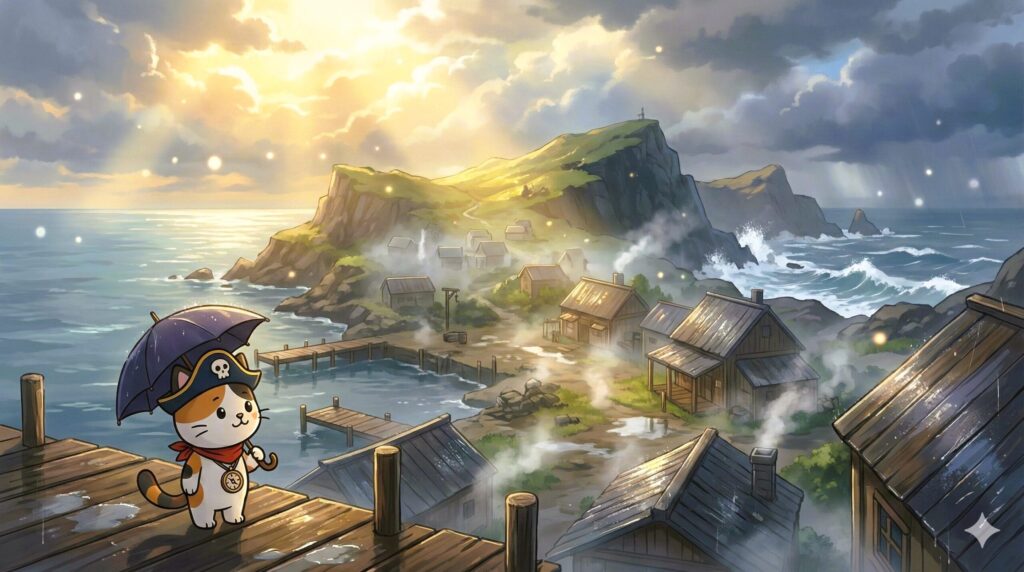 天気が変わりやすい島の景色を見て、事前の体験の大切さを考えているココロ船長
