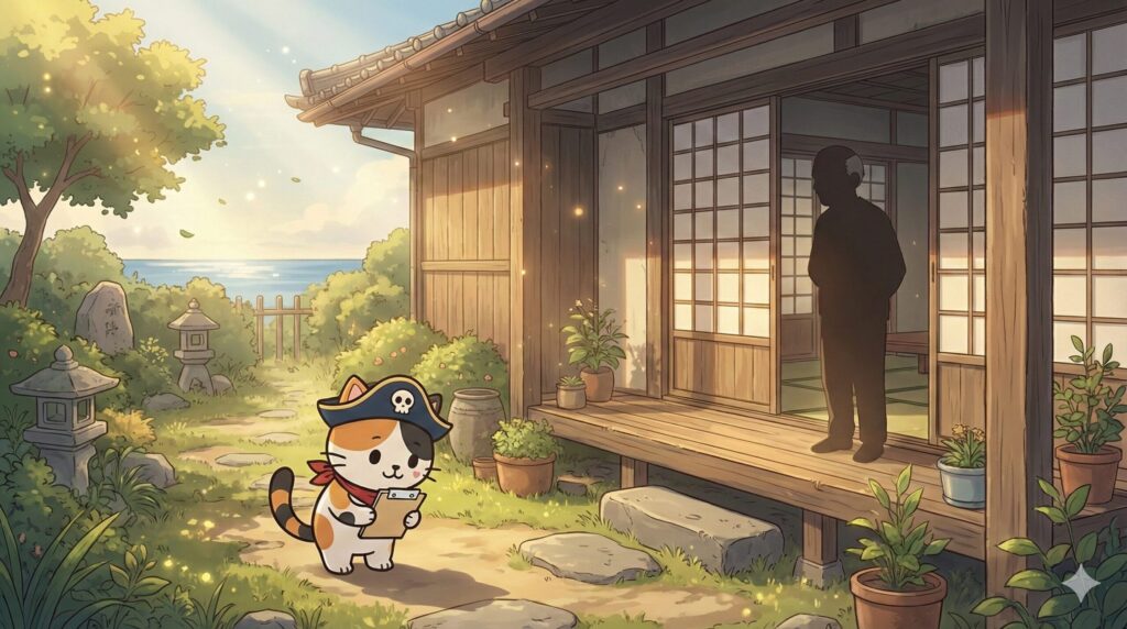 離島の古い家の玄関先で、丁寧に相談して信頼を伝えるココロ船長