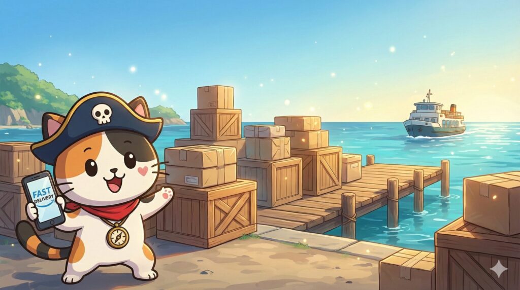 離島の港でスマホを見ながら届いた荷物を指さして喜ぶココロ船長
