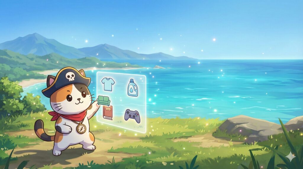 離島の景色を背にカテゴリ別の買い物リストをまとめているココロ船長
