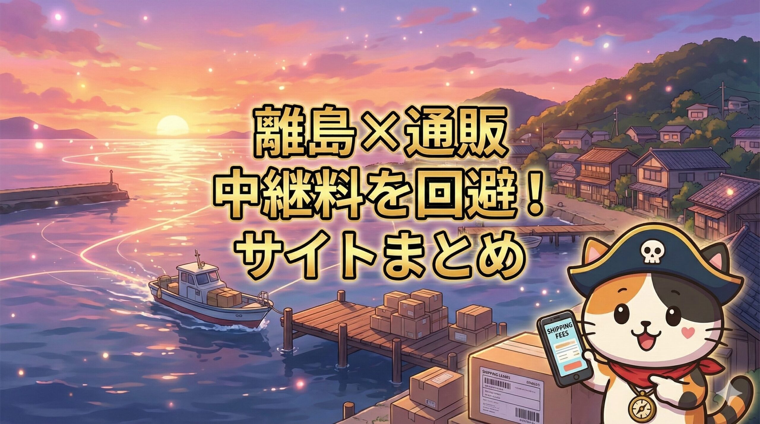 夕暮れの離島の港で、スマホを見ながら送料（中継料）を確認して荷物を指さすココロ船長