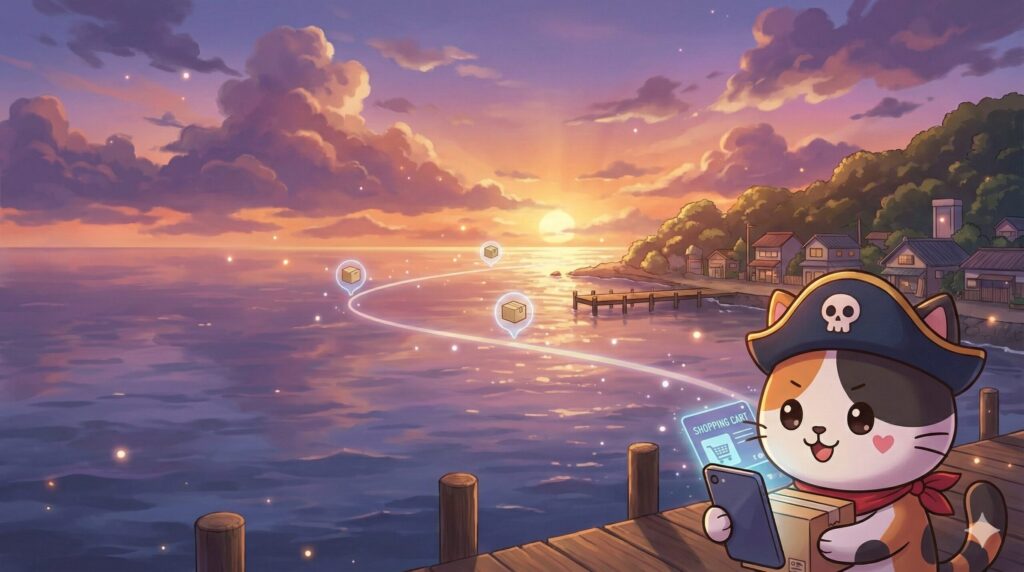 離島の港でスマホのカートを確認しながら小包を抱えて中継料対策を考えるココロ船長
