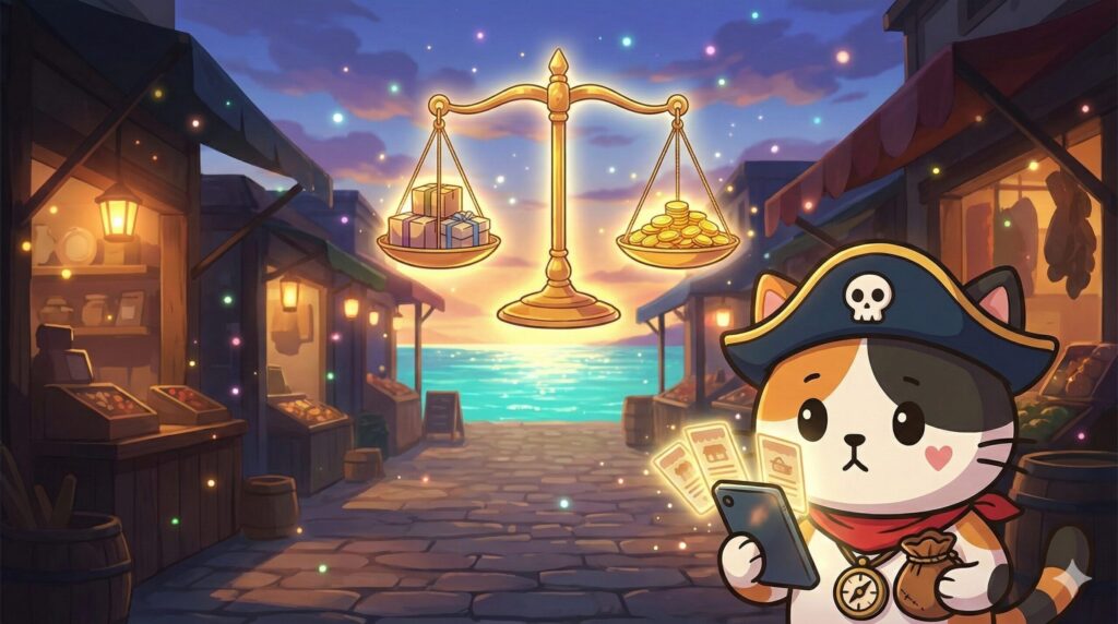 島の商店街を背景にスマホで複数ショップの送料条件を見比べるココロ船長
