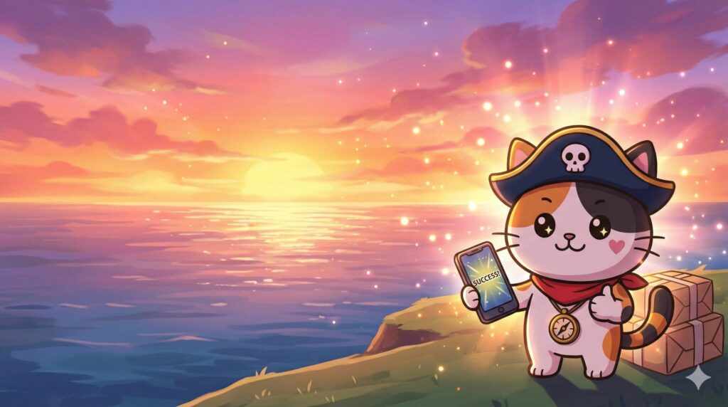 夕焼けの離島を見渡しながらスマホと荷物をそばに置いて満足げに締めくくるココロ船長
