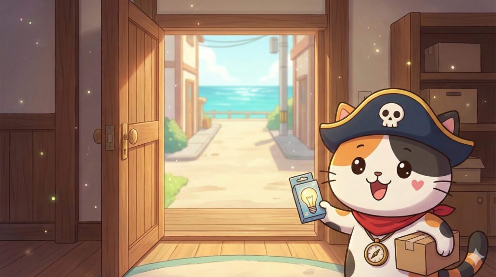 家の玄関先で日用品の小包を手に取り「1品でも届く」ように見せるココロ船長
