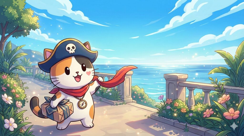 海辺の遊歩道で服の小包を受け取りながら楽しそうに身支度するココロ船長
