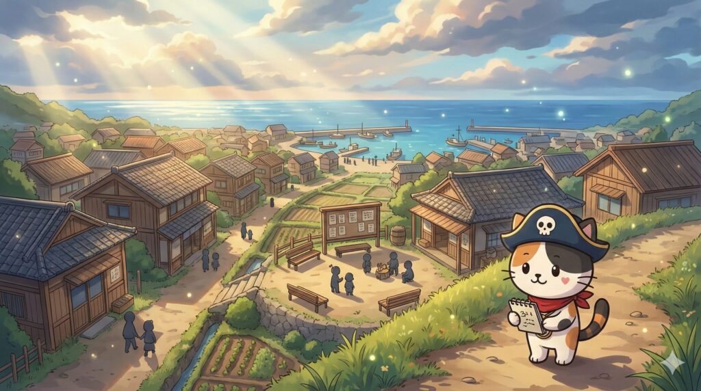 離島の集落を見渡しながら、村社会の空気感を観察しているココロ船長の見出し画像
