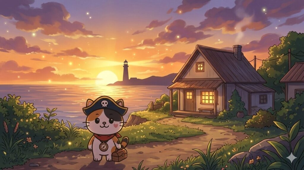 夕暮れの家の前でうなずくココロ船長
