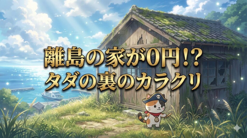 荒れた島の空き家を見上げるココロ船長