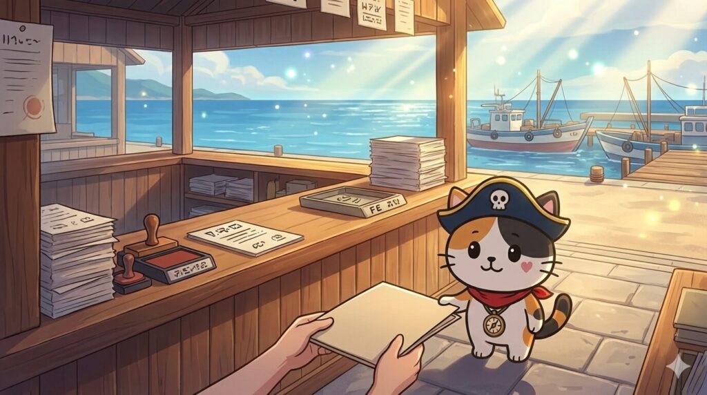 窓口で書類を渡すココロ船長
