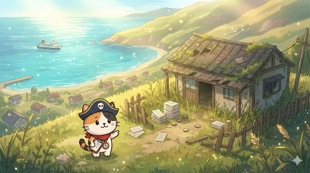 村を見渡し点検するココロ船長
