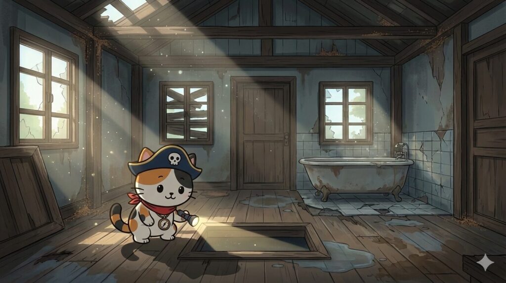 古い家を点検するココロ船長
