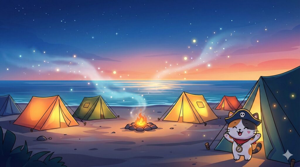 朝焼けの浜辺とココロ船長
