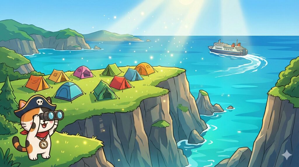 伊豆の岬で眺めるココロ船長
