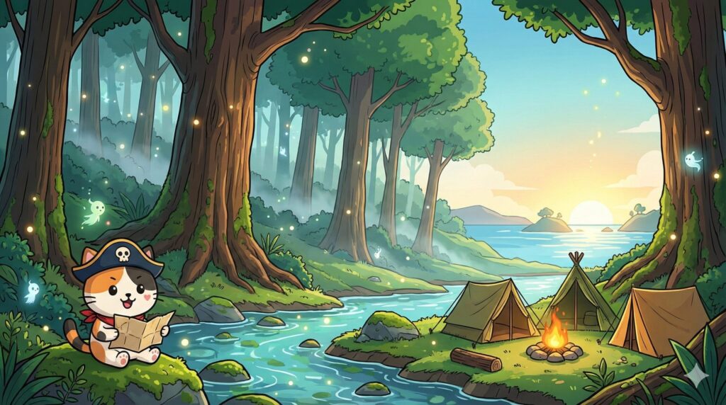 森と海を探検するココロ船長
