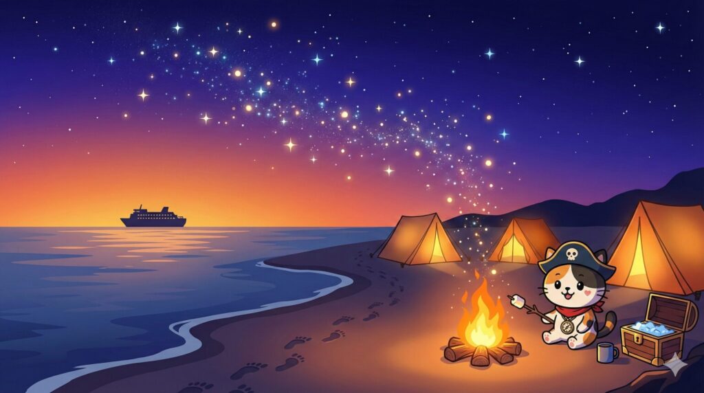 夕焼けの焚き火とココロ船長
