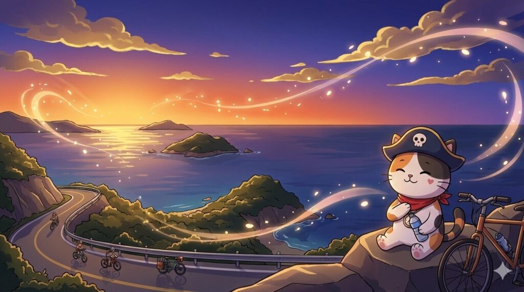 夕景を眺めるココロ船長
