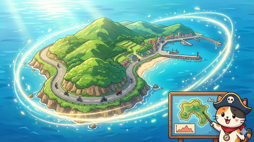 島一周コースを見るココロ船長
