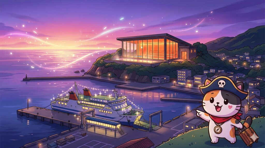 夜の港とココロ船長
