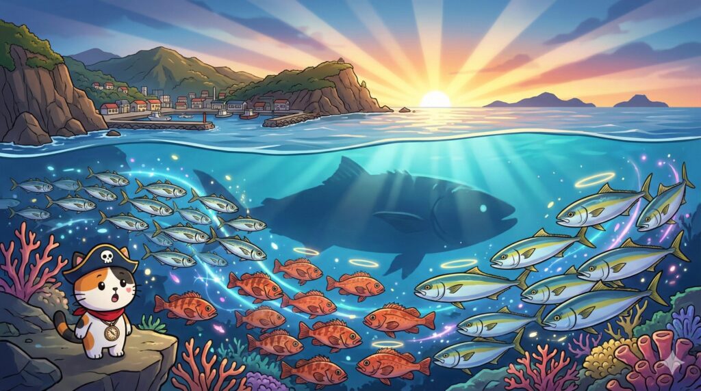 魚影に驚くココロ船長