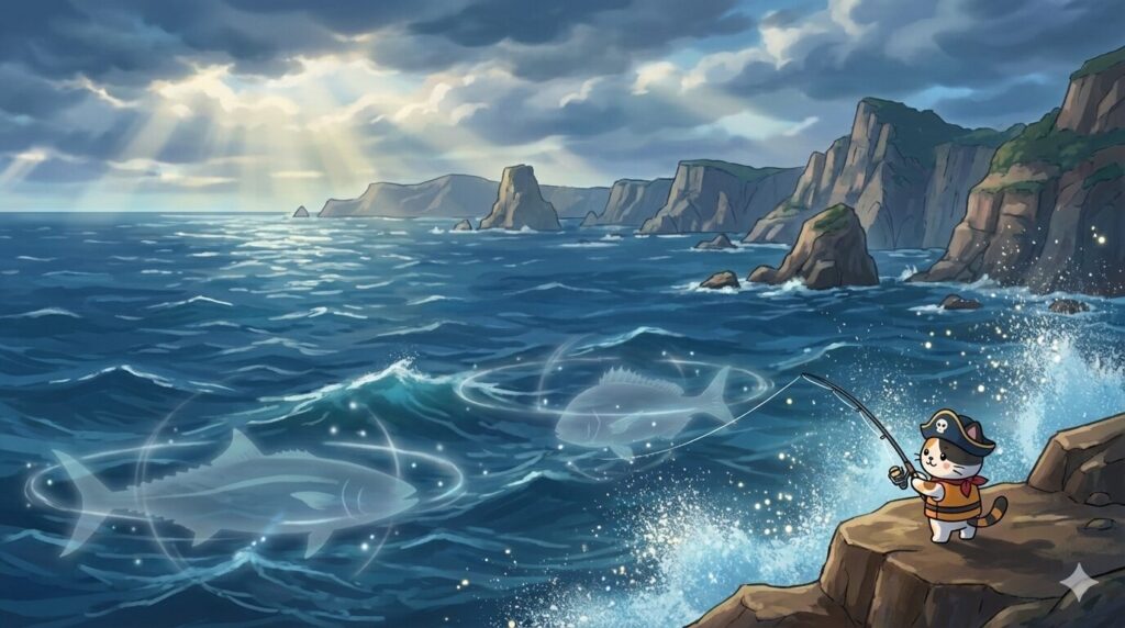 荒磯で構えるココロ船長
