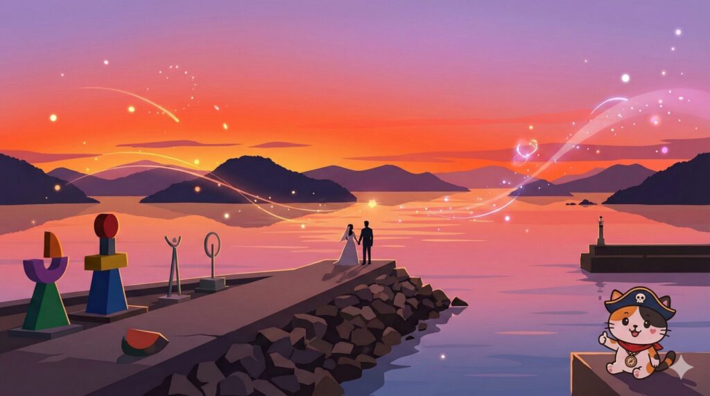 瀬戸内の夕景とココロ船長
