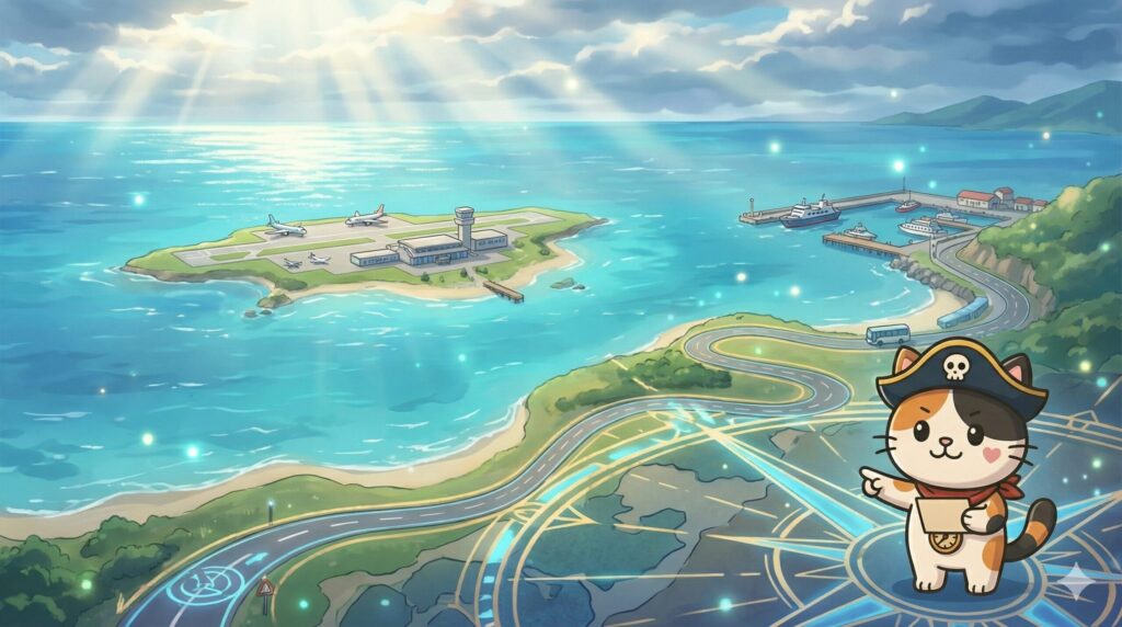 空港から港へ続く海沿いの道を示しながら乗り継ぎ計画を促しているココロ船長
