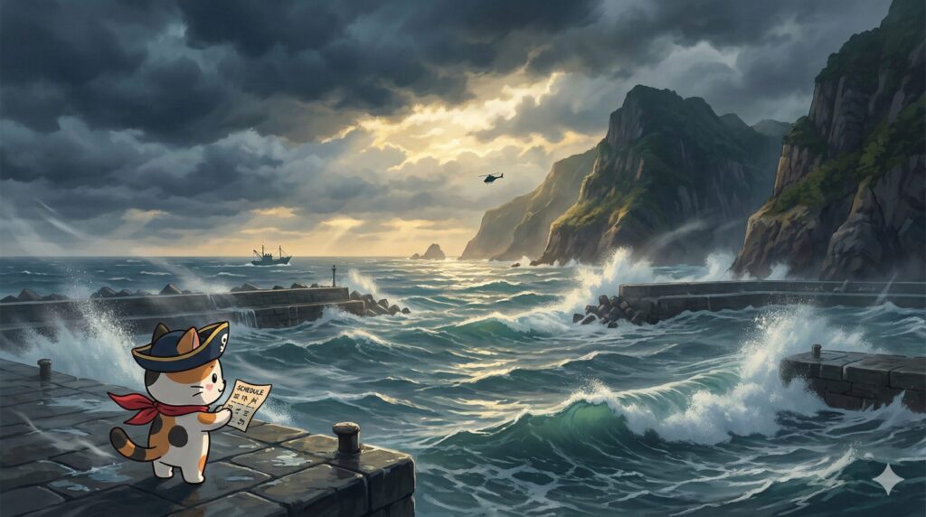 荒れた海と断崖の港を遠景で捉えた中で、風に耐えながら小さな紙片を確認しているココロ船長がいる見出し画像
