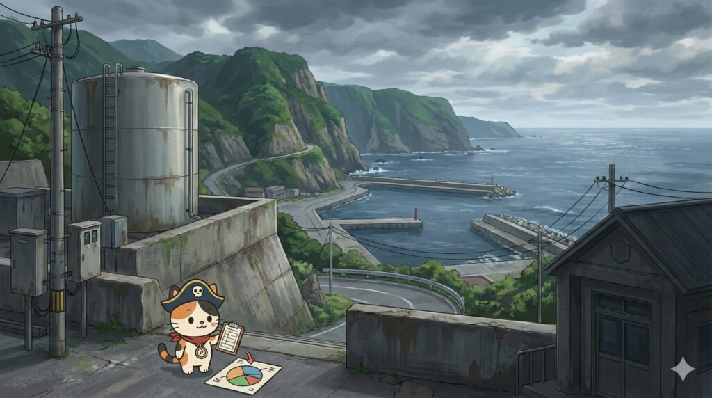 青ヶ島のインフラや港を見渡す風景の中で、数字の資料を確認するようにクリップボードを指さしている小さなココロ船長がいる見出し画像
