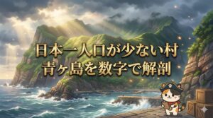 青ヶ島の断崖と港を見渡す壮大な風景の中で、荷物伝票を確認している小さなココロ船長が佇み、中央に「日本一人口が少ない村/青ヶ島を数字で解剖」の金文字が入ったサムネイル画像