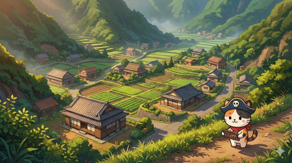 青ヶ島の小さな集落と急峻な斜面を広く捉えた風景の中で、数を数えるように手帳を見ている小さなココロ船長がいる見出し画像
