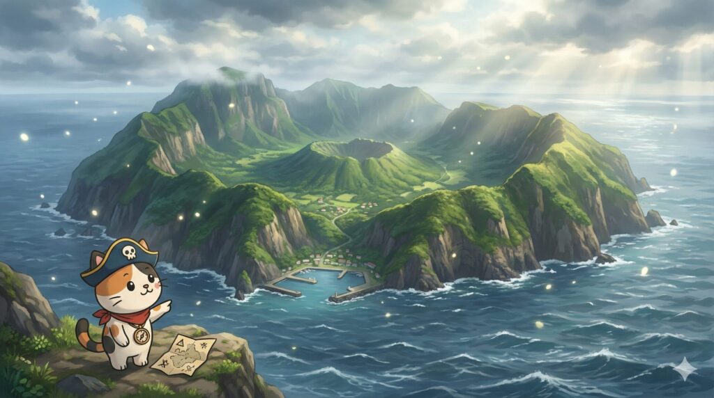 霧と光が差す青ヶ島の断崖とカルデラを見渡す壮大な風景の中で、小さなココロ船長が手元の地図を指し示している見出し画像
