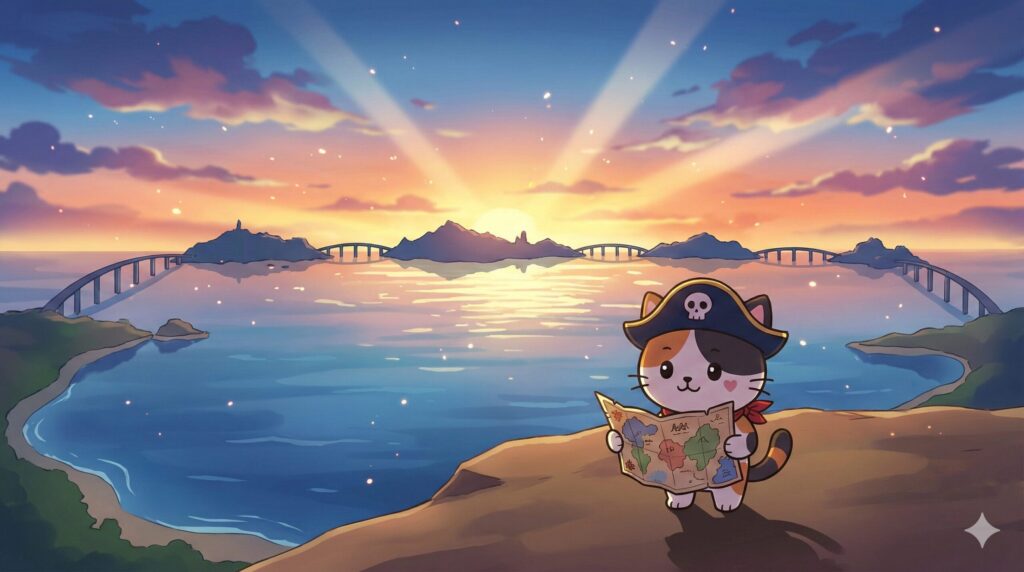 複数の島影と橋が連なる広い海景を背景に、地図を広げて比較しているココロ船長