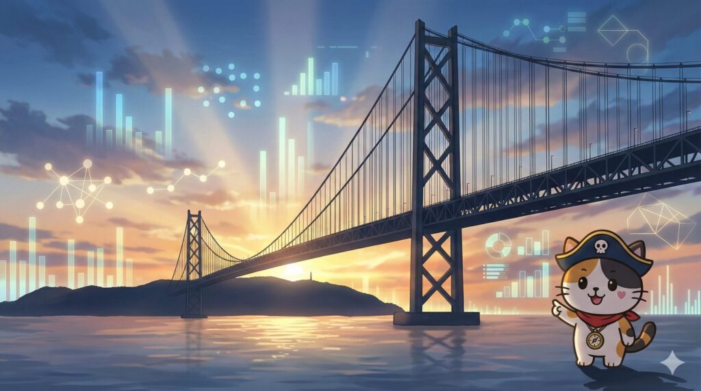 大きな橋と島の景色を背景に、抽象的なグラフ風アイコンを指し示すココロ船長