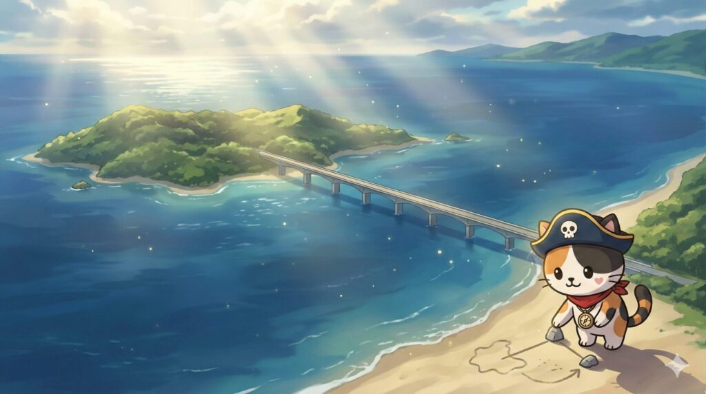 島と本土が橋でつながっている地形を背景に、砂の上で関係を説明しているココロ船長