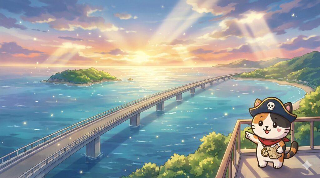 海に伸びる長い橋と島の大景観を背景に、橋の方へ案内する仕草をしているココロ船長