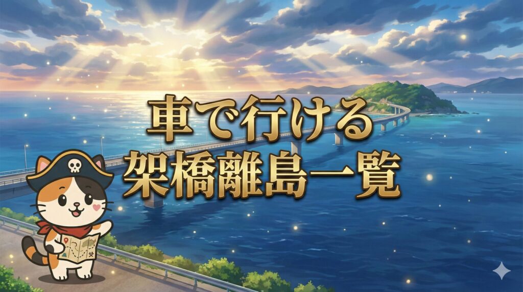海の上を伸びる長い橋と島の大パノラマを背景に、ルートを確認しているココロ船長のサムネイル