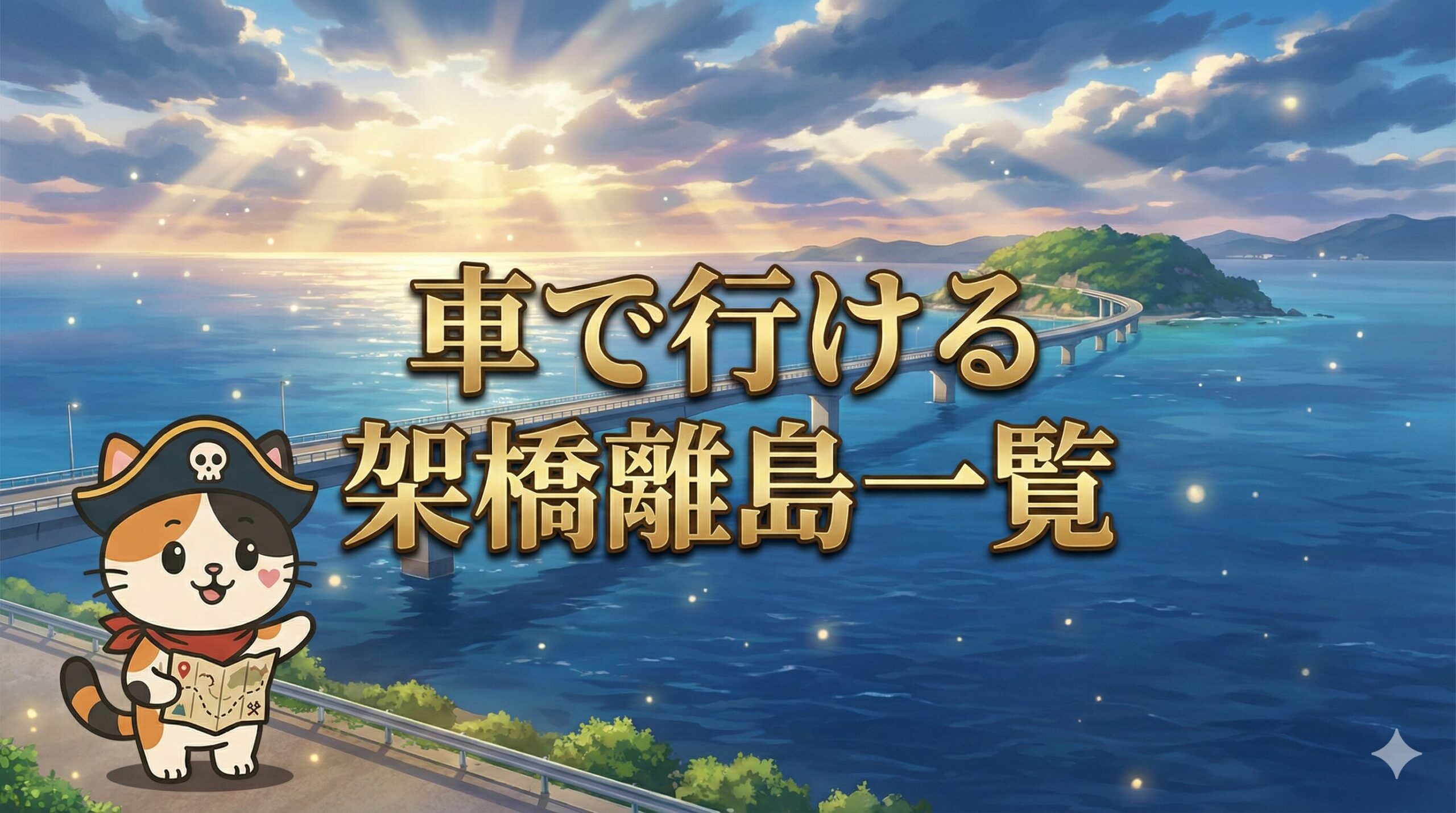 海の上を伸びる長い橋と島の大パノラマを背景に、ルートを確認しているココロ船長のサムネイル